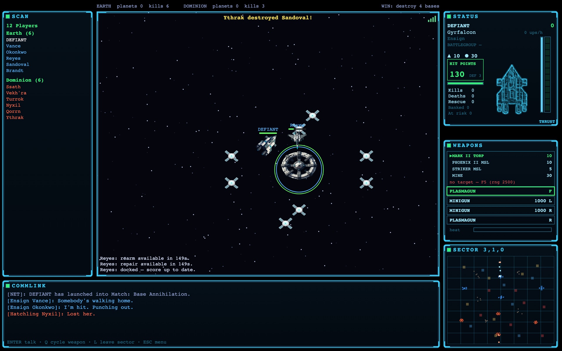 A later stage of a Base Annihilation match in Dominion Earth with satellites and a starbase under fire.