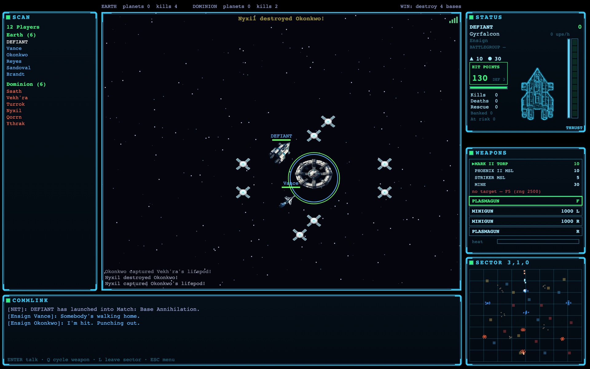 A strike run on a starbase in Dominion Earth, showing the weapons panel with torpedoes and the heat bar.